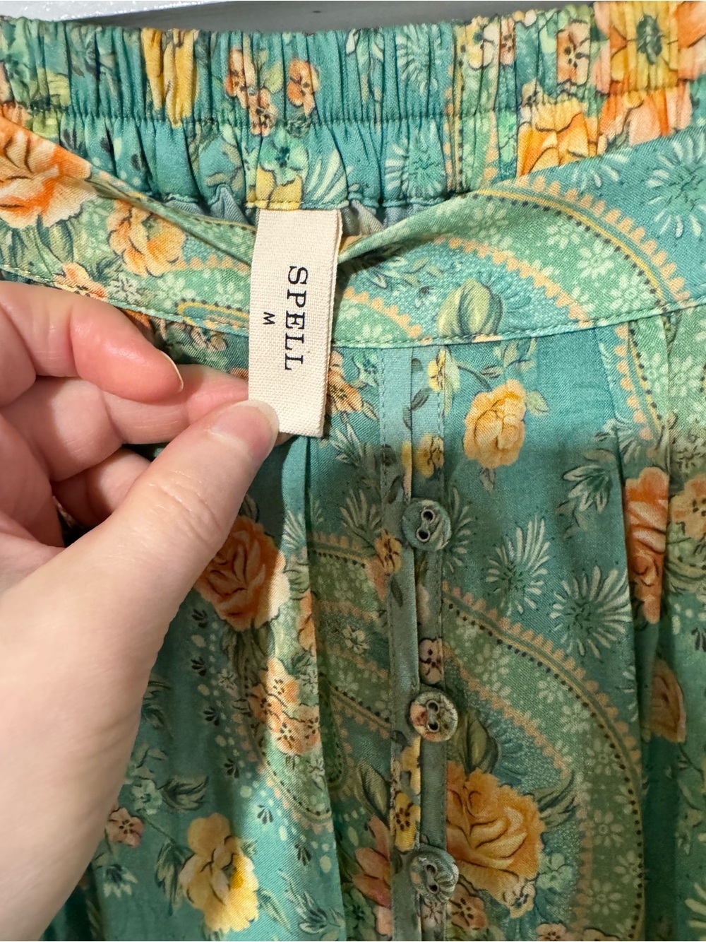 Spell Melody Boho Floral Maxi Skirt - Mint Green w/Yellow Flowers M - Picture 4 of 5
